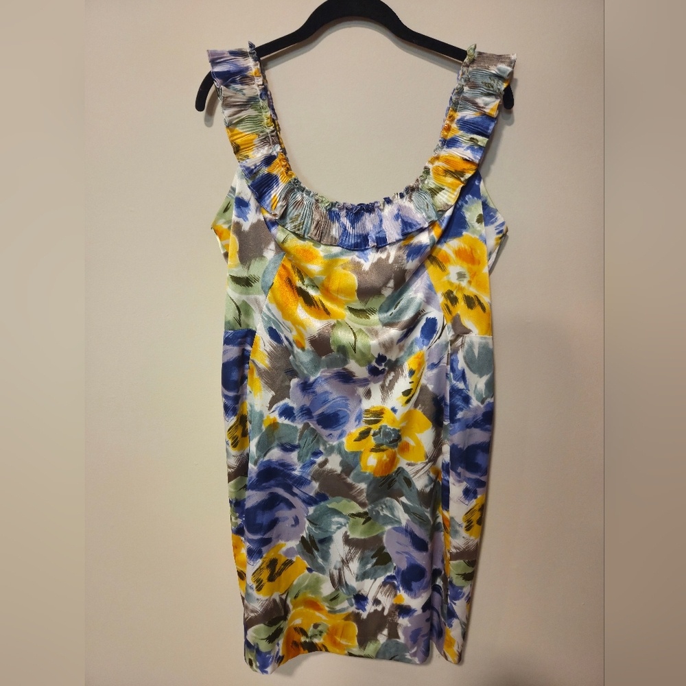 Maggy London Floral Mini Dress in Blue and Yellow Ruffle Neckline Size 10P